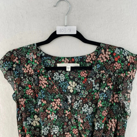 Veronica Beard Fountain Dress 8 Black Blue Ruched Short Sleeve Ruffles 100% Silk - Picture 10 of 10